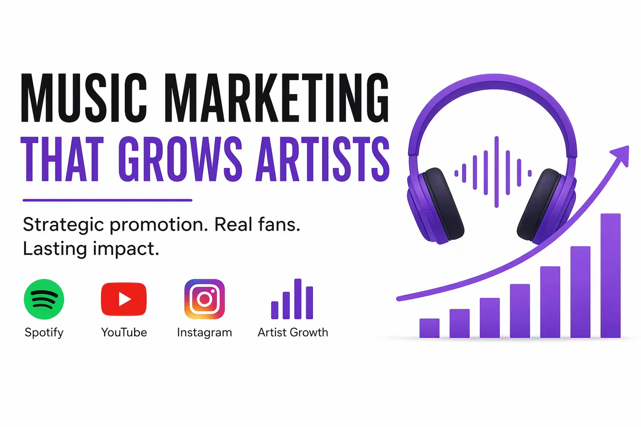 Marketing graphic with bold headline, headphones, and a growth chart representing strategic promotion and audience growth.