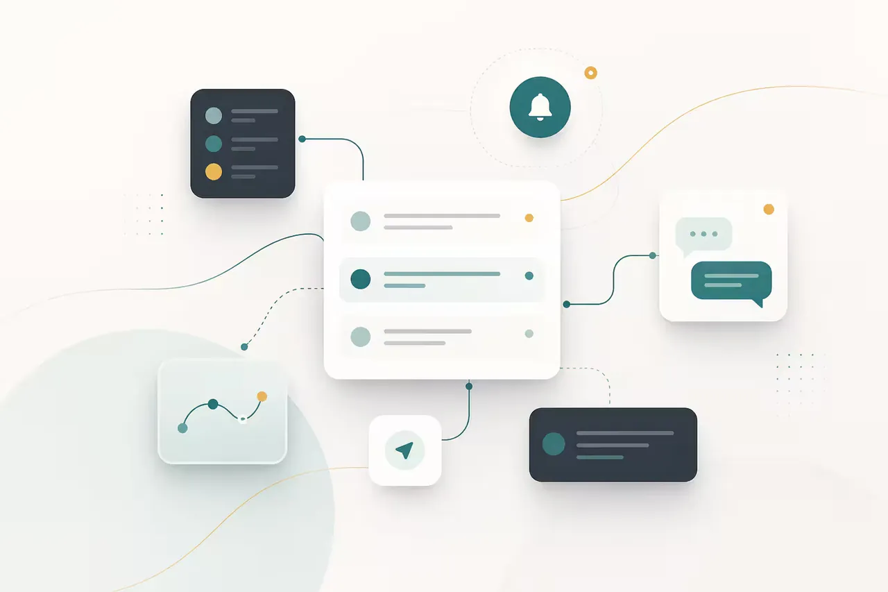 Minimal abstract communication system illustration with floating interface cards and message flows.