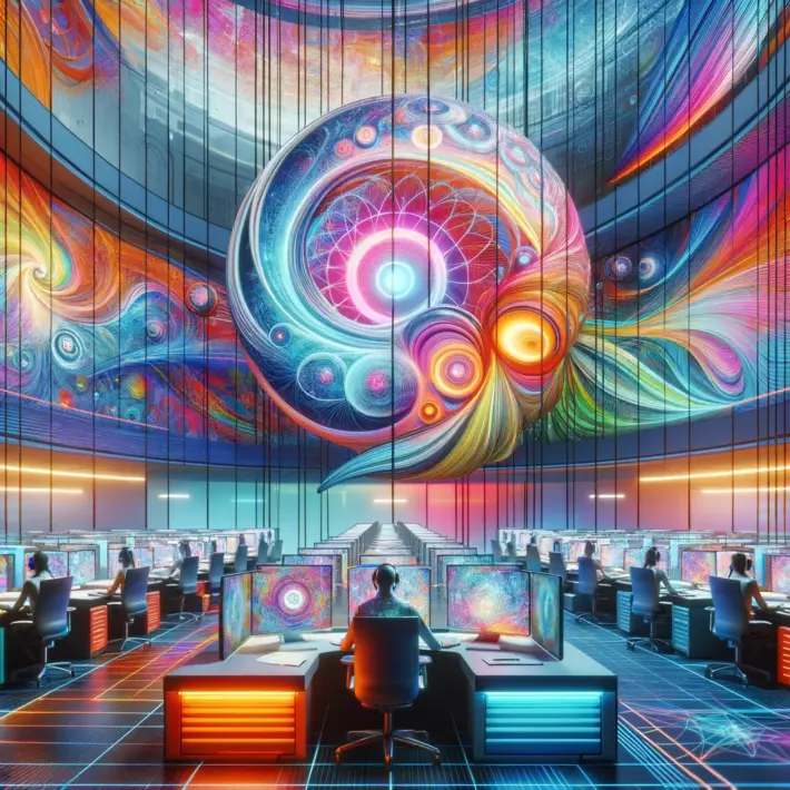 A futuristic office with a colorful, abstract mural and multiple workstations featuring computer monitors.