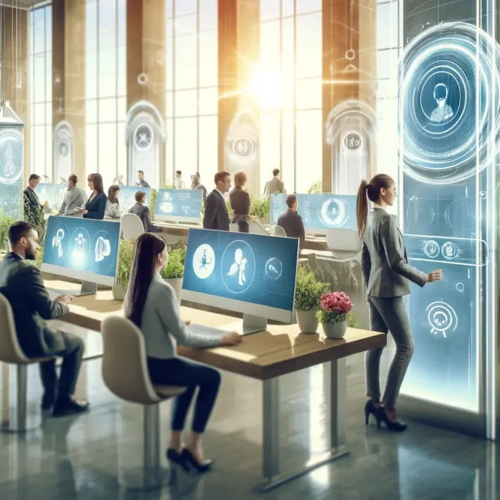 A futuristic office with employees working at desks, surrounded by digital interfaces and holograms.
