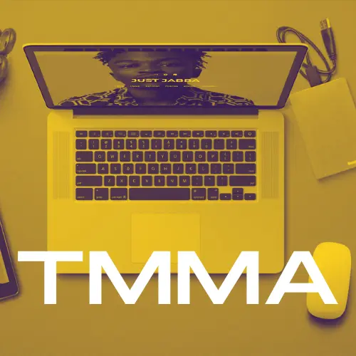 A laptop with a person’s image displayed on the screen, accompanied by a smartphone, mouse, and external hard drive, with "TMMA" text at the bottom.