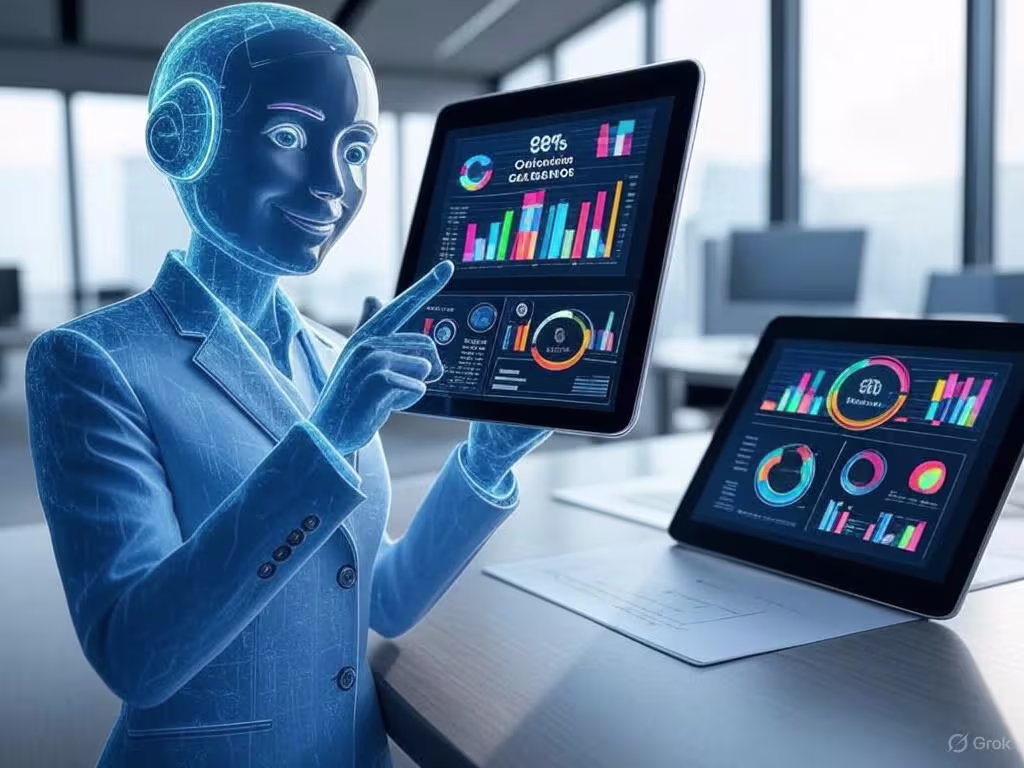 A holographic AI assistant in a futuristic office holds a tablet displaying a music marketing dashboard with colorful charts, highlighting metrics like Spotify promotion and artist growth, with another tablet showing similar analytics in the background.