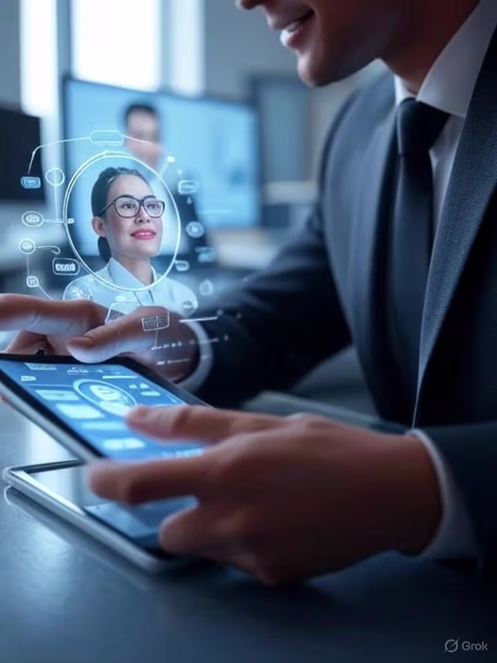 A professional using a tablet to explore innovative music marketing strategies, featuring a holographic interface for artist growth and Spotify promotion.
