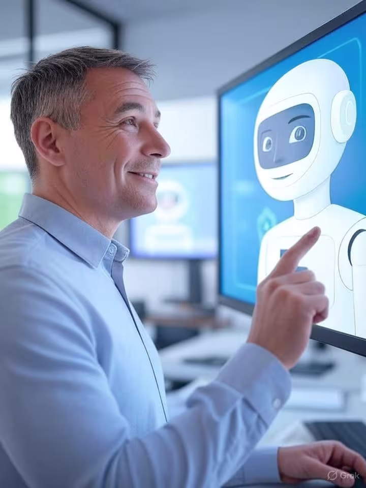 A professional in a blue shirt interacting with an AI interface, symbolizing innovative music marketing and Spotify promotion for artist growth.