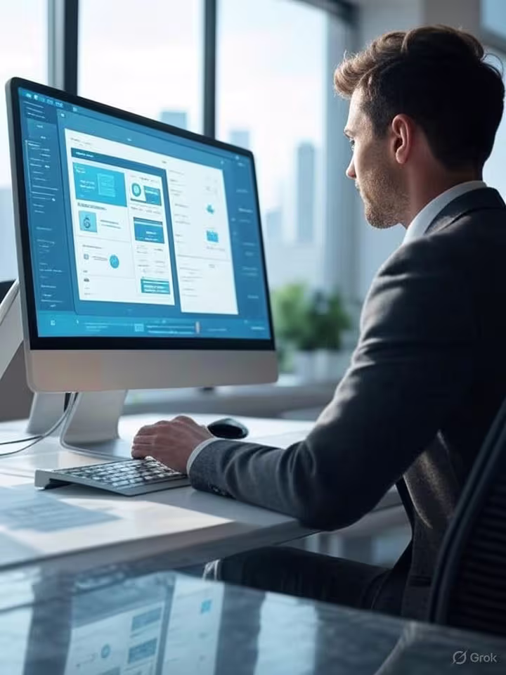 A professional in a suit working at a desk with a computer displaying music marketing tools, enhancing artist growth and Spotify promotion.