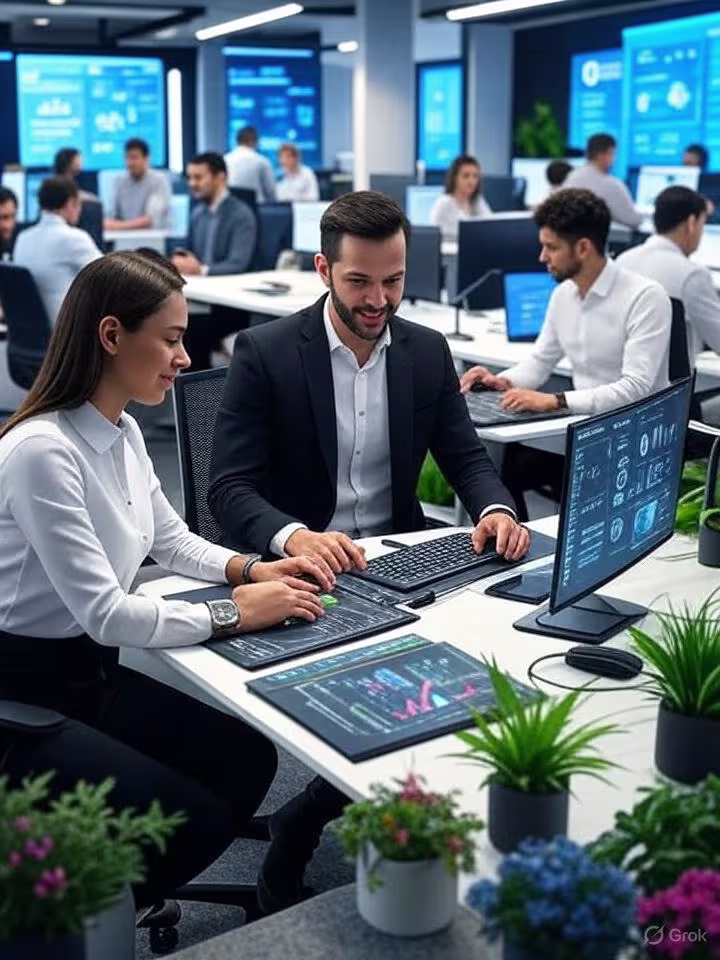 A professional team collaborating in a modern office, utilizing advanced technology for music marketing, music promotion, Spotify promotion, and artist growth with TMMA strategies.