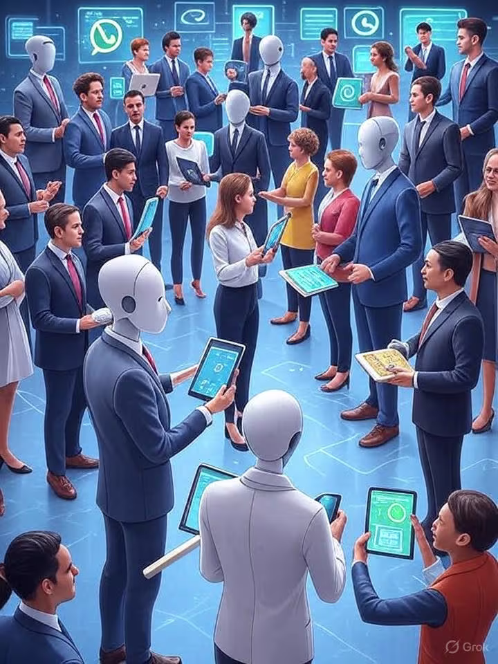 A futuristic team of professionals and robots collaborating with tablets, symbolizing innovative music marketing and Spotify promotion for artist growth.