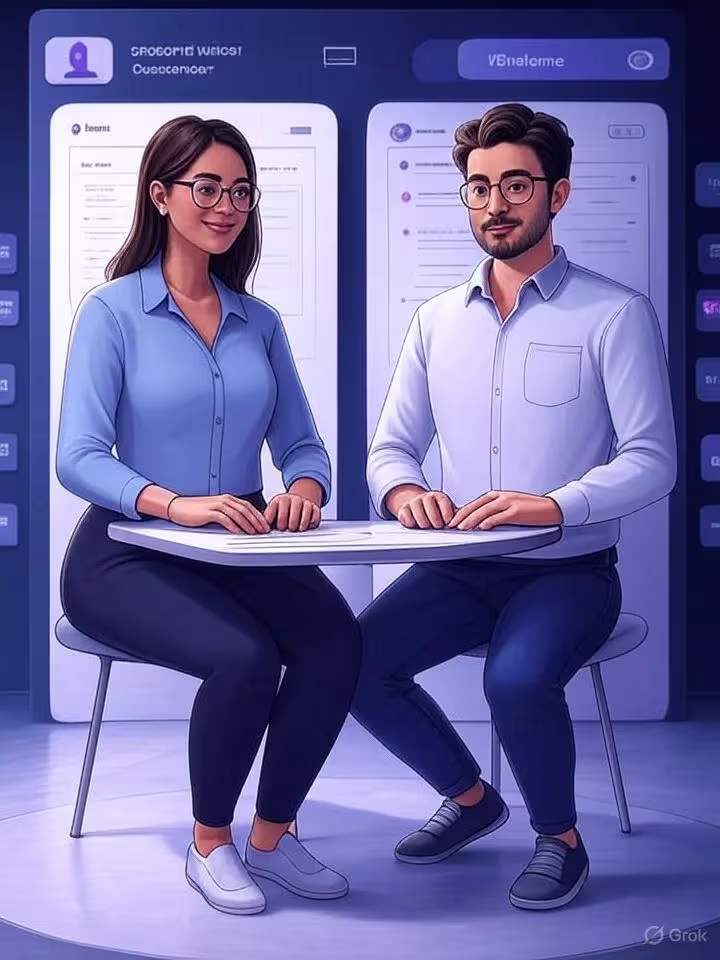 An illustration of two professionals from TMMA, a leading music marketing agency, sitting at a table with digital interfaces displaying music promotion data. They are focused on artist growth and Spotify promotion strategies.