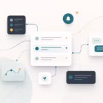 Minimal abstract communication system illustration with floating interface cards and message flows